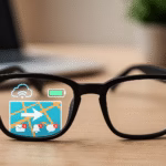 Futurystyczne smart glasses na tle miasta z hologramami i efektami AR.