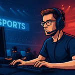 Ilustracja przedstawiająca profesjonalną arenę e-sportową z zawodnikami przy komputerach i publicznością oglądającą rozgrywki na dużych ekranach.