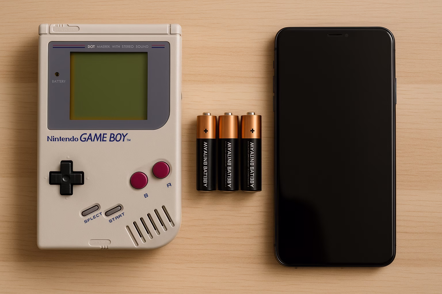 Klasyczny Nintendo Game Boy z czterema bateriami AA obok nowoczesnego smartfona na drewnianym stole.
