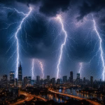Błyskawice uderzające nad nocnym miastem, oświetlając niebo nad wieżowcami i rzeką.