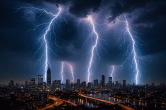 Błyskawice uderzające nad nocnym miastem, oświetlając niebo nad wieżowcami i rzeką.