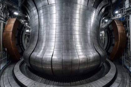 Wnętrze reaktora fuzyjnego tokamak z jarzącą się plazmą utrzymywaną w polu magnetycznym.