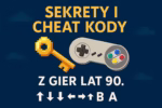 Retro konsola z lat 90. z kontrolerem i ekranem CRT, na którym widać wpisywany cheat code w grze.